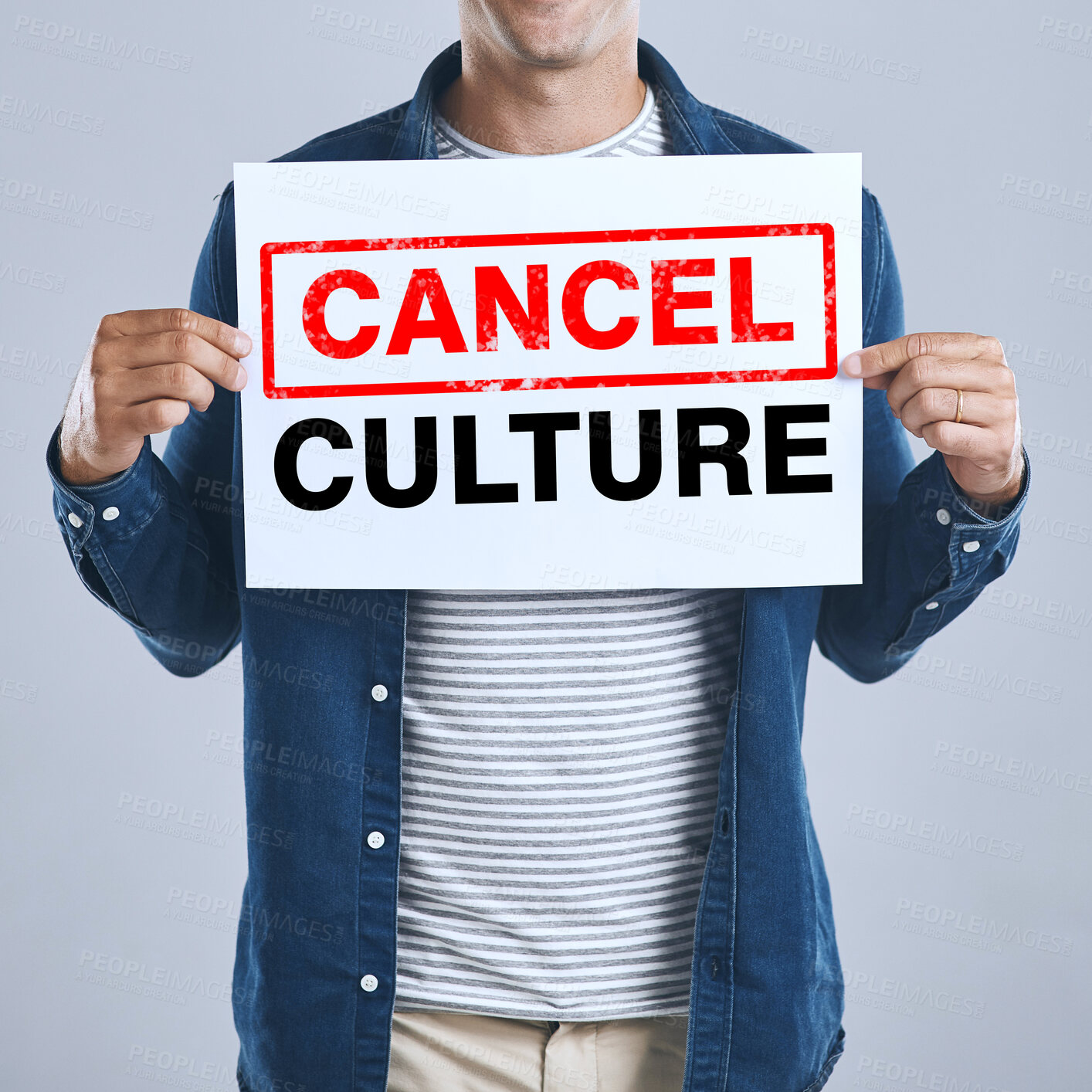 Buy stock photo Hands of man, cancel culture and sign of censorship, bullying and isolated on a white background in studio. Poster, ban and influencer on social media for freedom of speech, politics or wrong opinion