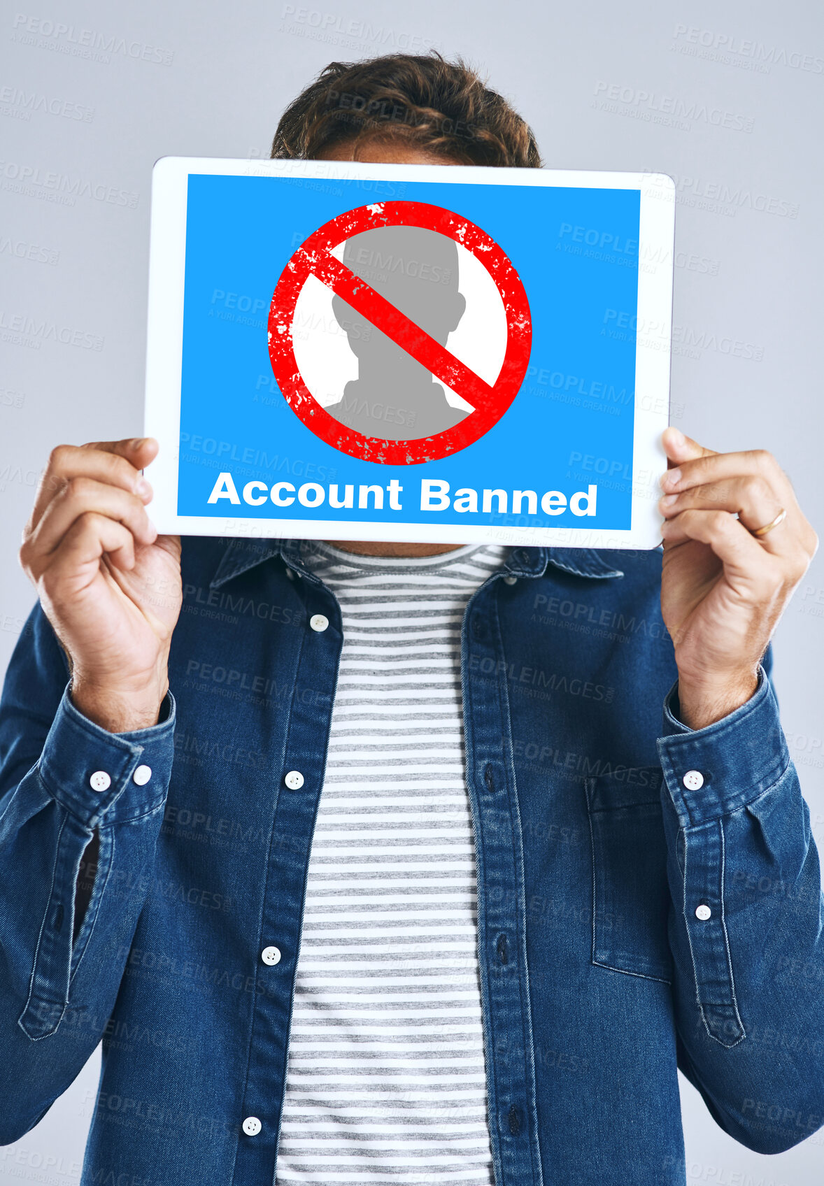 Buy stock photo Banned, account and man with a sign for social media, guidelines and rules for online profile and poster in studio background. Internet, ban and person with a banner in hands for virtual exclusion