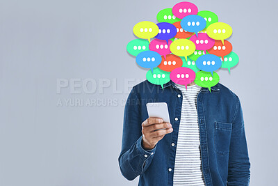 Buy stock photo Social media, man and speech bubble with phone in studio, gray background and overlay with graphic, icon or speech bubble. Online, chat and communication of info with internet, connection and voice