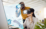 Business people, hologram and virtual reality, future technology and analysis with collaboration and overlay. Press on screen, metaverse and corporate team, VR goggles and analytics with statistics