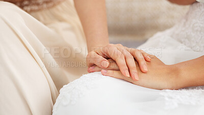 Buy stock photo Bridesmaid, bride and women holding hands before wedding together. Friends, support and celebration marriage event with love, congratulations and woman or girl friend with good luck and solidarity