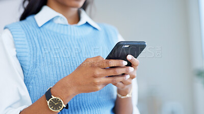 Buy stock photo Business woman, hands or typing on cellphone for contact to social network app, mobile internet and search website. Closeup, employee and download digital media, chat and notification on smartphone