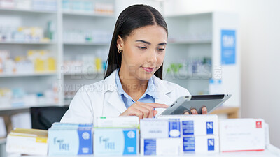 Buy stock photo Medication, tablet and woman pharmacist doing research at dispensary for prescription treatment. Medical, digital technology and female chemist check stock inventory for medicine in drugstore clinic.