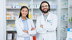 Portrait, smile and arms crossed for pharmacy with a team in a drugstore for healthcare or treatment. Medical, collaboration or teamwork with a man and woman pharmacist happy a dispensary together