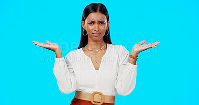 Buy stock photo Comparison, thinking and what hands of woman portrait with choice in a studio with question or idea emoji gesture. Decision, doubt and female person with option, balance or shrug and blue background