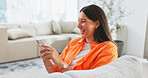Woman, phone and laughing for funny joke, meme or social media post relaxing on living room sofa at home. Happy female chatting, texting and laugh on smartphone for fun online communication on couch