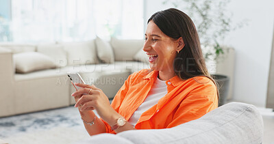 Buy stock photo Woman, relax on couch with smartphone and funny meme online with social media, communication and app at home. Comedy on the internet, laughing at chat and scroll website, reading blog and watch video