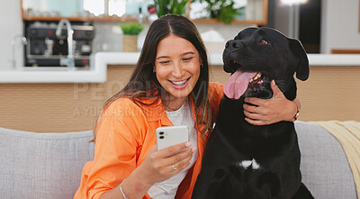 Buy stock photo Happy woman, dog and phone in home living room on sofa for care, hug and friends relax together. Couch, smartphone and person with pet animal bonding on social media, internet app and typing online