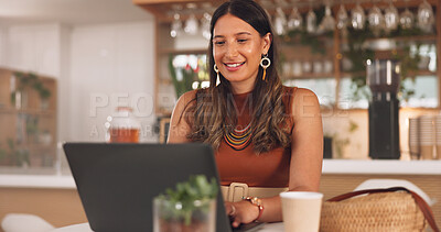 Buy stock photo Woman, laptop and typing in coffee shop, smile and remote work for copywriting, woman and morning. Computer, person and cafe with click, thinking or research for freelance content creation on website