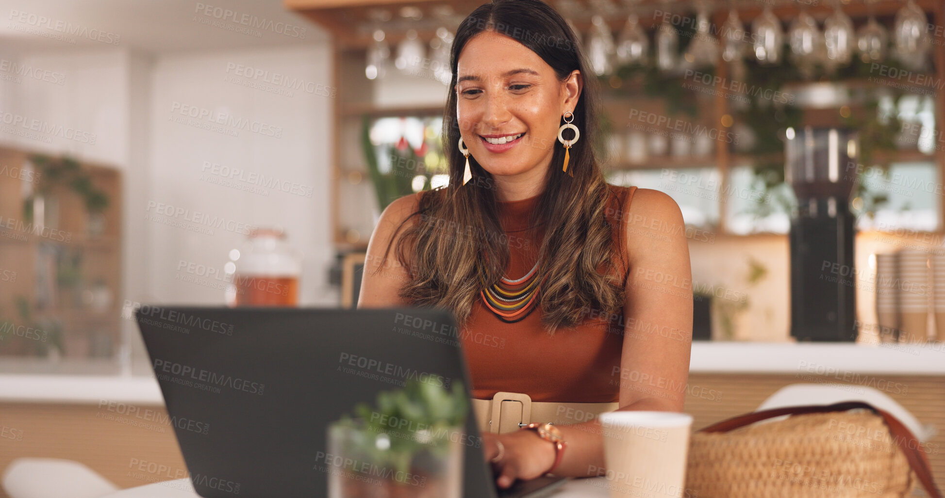 Buy stock photo Woman, laptop and typing in coffee shop, smile and remote work for copywriting, woman and morning. Computer, person and cafe with click, thinking or research for freelance content creation on website