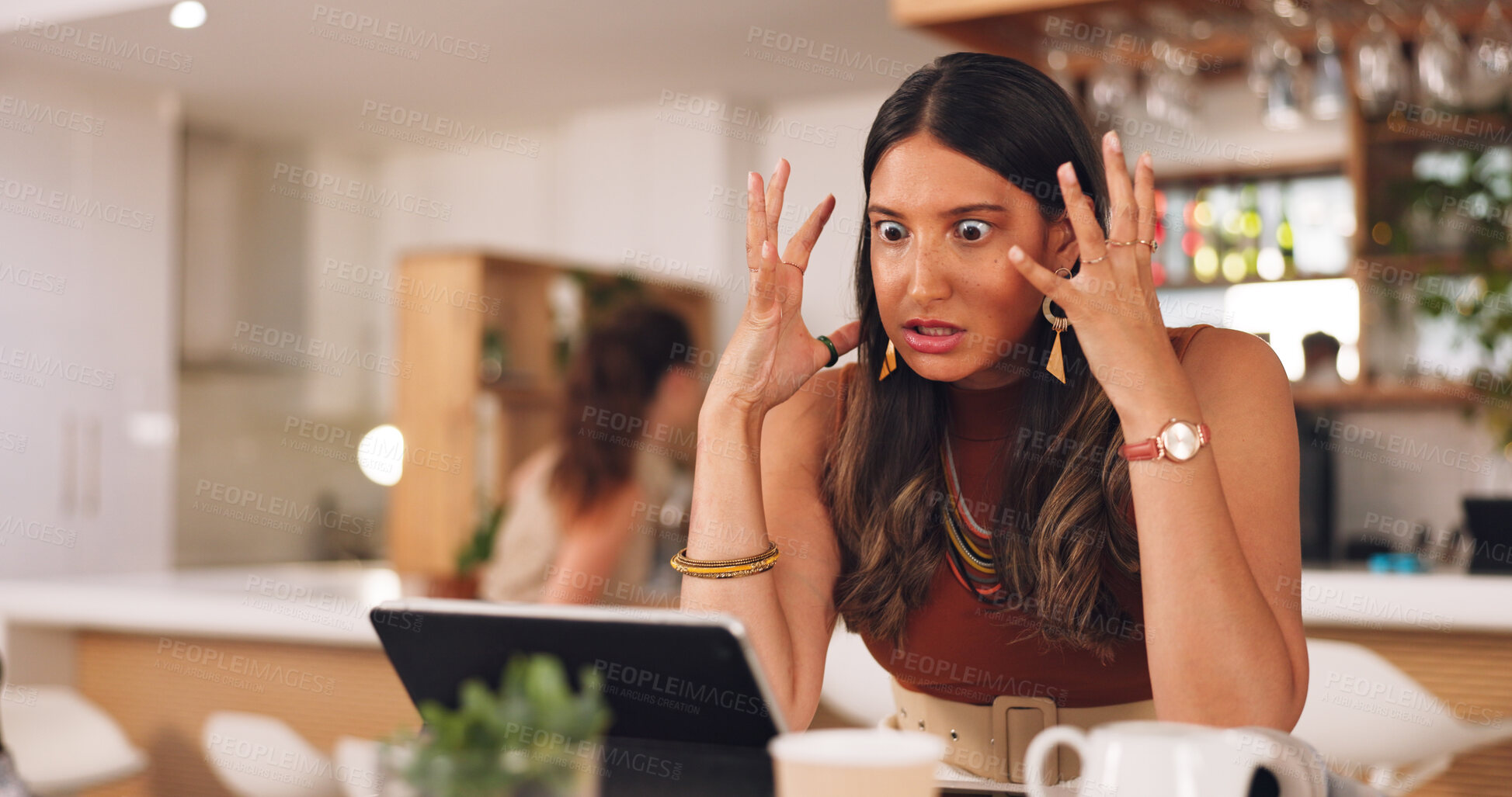 Buy stock photo Woman, angry and stress with laptop in coffee shop with remote work for copywriting, glitch and error. Computer, person and cafe with mistake, virus or 404 for freelance content creation on website