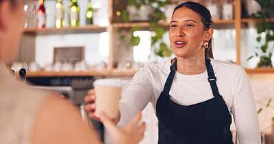 Buy stock photo Drink, barista or customer order at cafe for service or help payment on retail counter at coffee shop. Serving, waitress or woman in small business restaurant giving cup to client at checkout or work