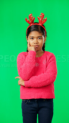 Buy stock photo Christmas, thinking and portrait of girl on green screen with arms crossed for idea, thoughts and wondering. Festive, decor and child in studio brainstorming for holiday, celebration and Santa list