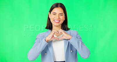 Buy stock photo Portrait, heart hands and woman with green screen, business and kindness on a studio background. Face, happy person and model with promotion, symbol for love and feedback with employee and review