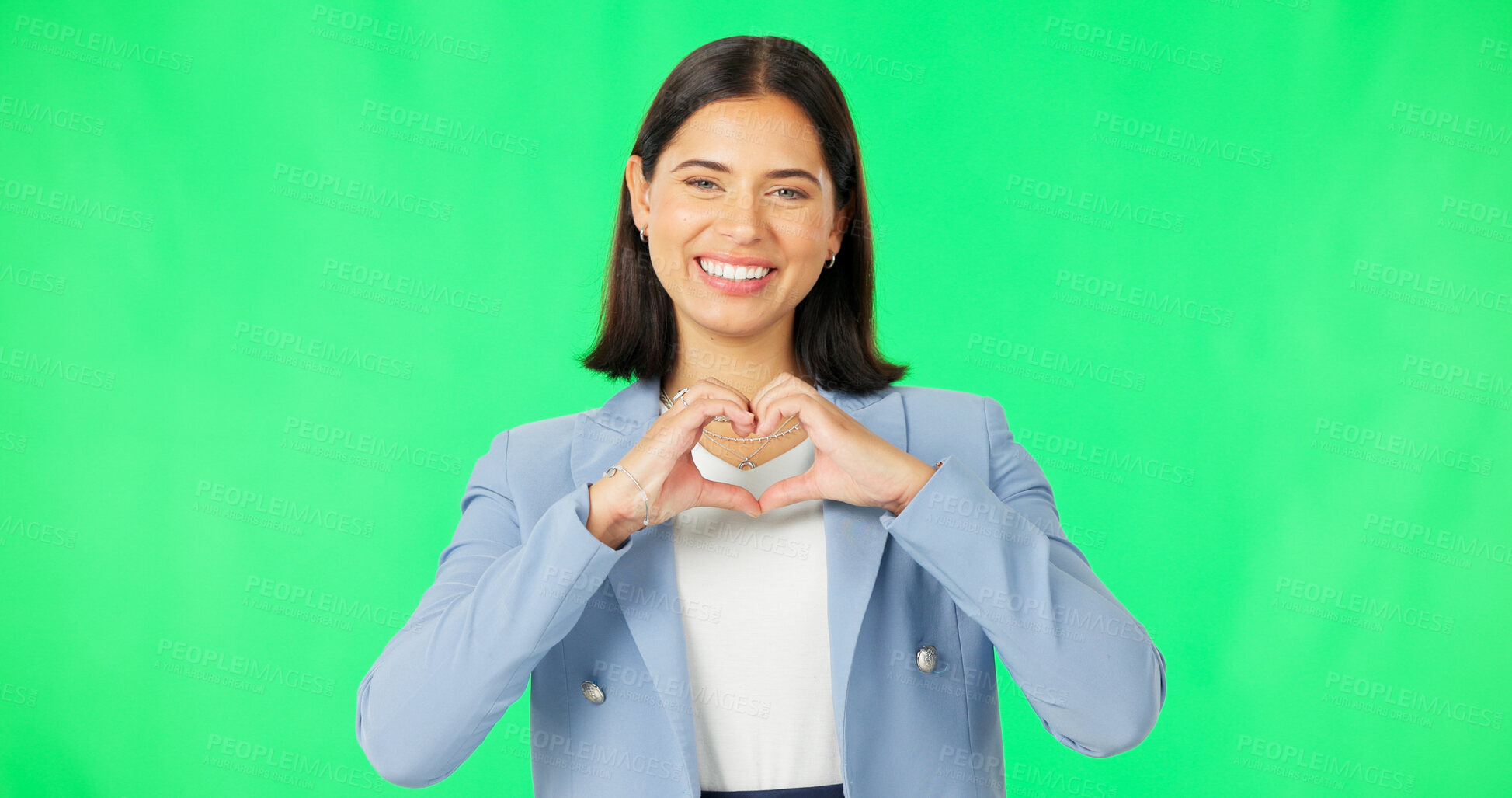 Buy stock photo Portrait, heart hands and woman with green screen, business and kindness on a studio background. Face, happy person and model with promotion, symbol for love and feedback with employee and review