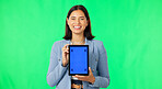 Happy woman, tablet and mockup on green screen with tracking markers for advertising against studio background. Portrait of female with display for advertisement or marketing on copy space