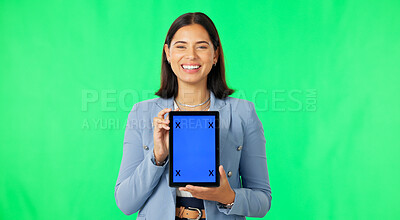 Buy stock photo Green screen portrait, business tablet and happy woman presentation of logo design, web promo or corporate brand. Tracking markers, mockup space or person show company media info on studio background