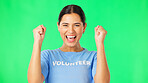 Volunteer woman, green screen and cheer for recruitment, welcome or service with success in mock up. Girl, volunteering and excited face with fist celebration in studio mockup portrait