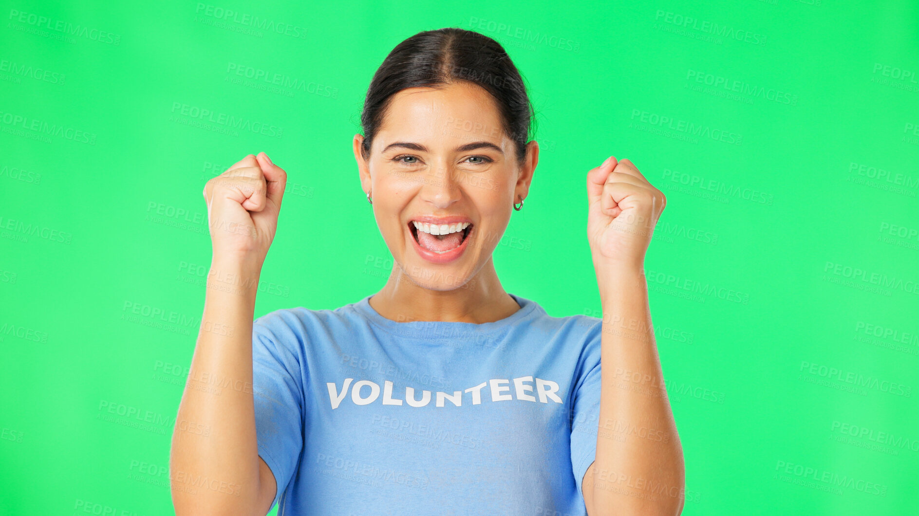 Buy stock photo Volunteer, celebration and portrait of woman on green screen for recruitment, welcome or success in service mock up. Excited, face and girl volunteering with motivation, cheer and energy for charity