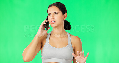 Buy stock photo Fitness, phone call and green screen woman with problem, frustrated and stress over gym crisis, membership mistake or fail. Cellphone, workout risk and angry athlete consulting on studio background