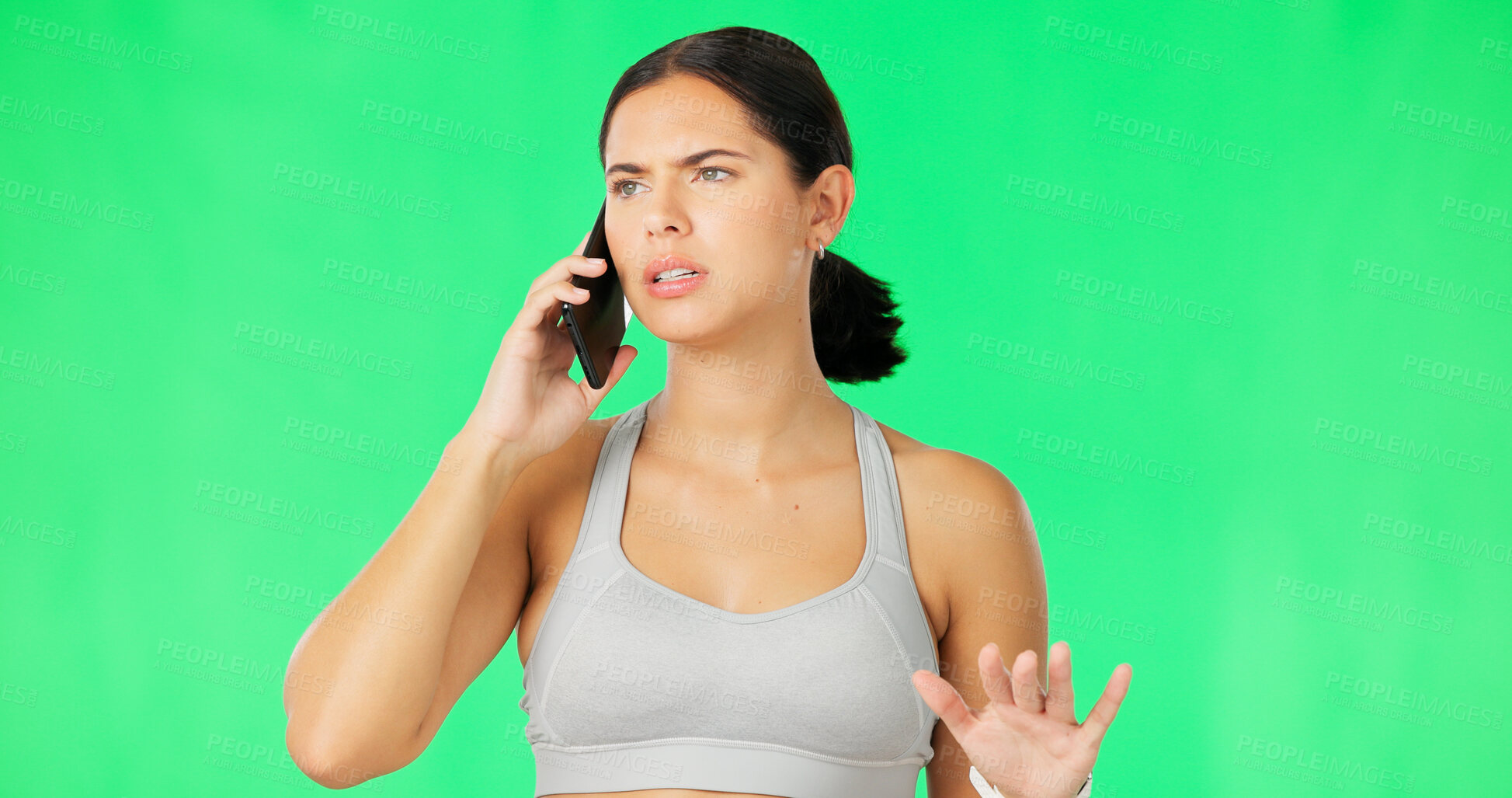 Buy stock photo Fitness, phone call and green screen woman with problem, frustrated and stress over gym crisis, membership mistake or fail. Cellphone, workout risk and angry athlete consulting on studio background