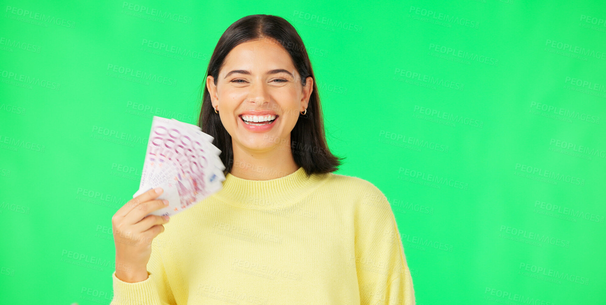 Buy stock photo Money winner, portrait or happy woman on green screen with lottery jackpot, competition giveaway. Goal, success or excited rich female person with Euros or gambling cash prize on studio background