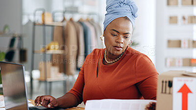 Buy stock photo Information paperwork, ecommerce and black woman reading stock product, store delivery schedule or distribution schedule. Logistics, documents and African admin working on supply chain research