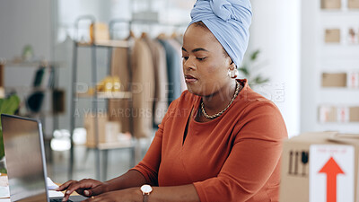 Buy stock photo Laptop, ecommerce and black woman typing online search for stock product, store delivery or retail distribution info. Logistics, computer and small business owner working on supply chain research
