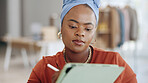 Black woman, tablet and smile for schedule, planning or digital notes for marketing, research or advertising at office. Happy African American female working on touchscreen or mobile app for strategy