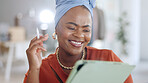 Black woman, tablet and writing schedule, planning or digital notes for marketing, research or advertising at office. Happy African American female working on touchscreen, mobile app or idea strategy