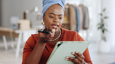 Buy stock photo African woman, designer and phone call with tablet, sketch or notes for fabric, clothes or fashion. Tailor, black business owner and recording idea with smartphone, digital touchscreen or negotiation