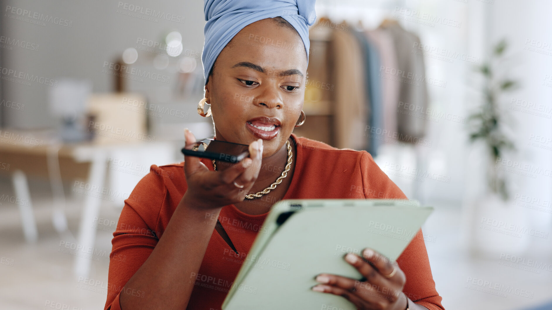 Buy stock photo African woman, designer and phone call with tablet, sketch or notes for fabric, clothes or fashion. Tailor, black business owner and recording idea with smartphone, digital touchscreen or negotiation