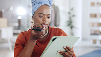 Buy stock photo Businesswoman, communication and call on phone or recorder in office, startup and entrepreneur for business. Black person, ecommerce and project on technology, fashion and discussion online on tablet