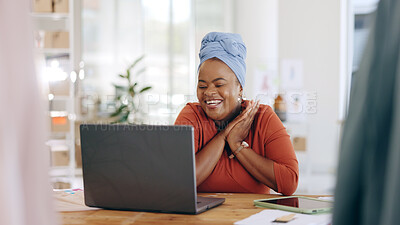 Buy stock photo African woman, designer and celebration with laptop for success, deal and sales at fabric workshop. Tailor, black business owner and excited with computer with email notification, good news or profit