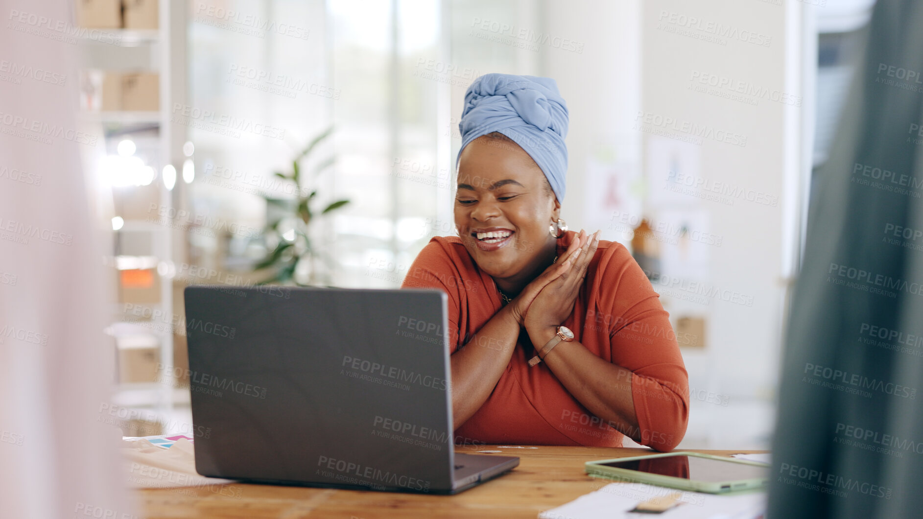 Buy stock photo African woman, designer and celebration with laptop for success, deal and sales at fabric workshop. Tailor, black business owner and excited with computer with email notification, good news or profit