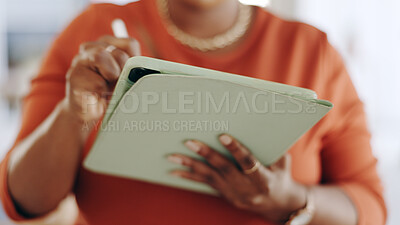Buy stock photo Woman, hands and writing on tablet in planning, networking or inventory checklist at office. Closeup of female person or employee with technology for online search, schedule or research at workplace