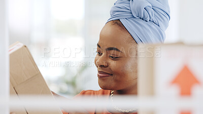 Buy stock photo Face, box and happy black woman packaging stock product, store delivery or retail distribution shipping. Logistics export, cardboard container and African small business owner working on supply chain