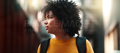 Buy stock photo Young, woman and student in city with face, thinking and backpack for university, learning or class. Black person, afro and waiting for college student, travel or commute to school in New York