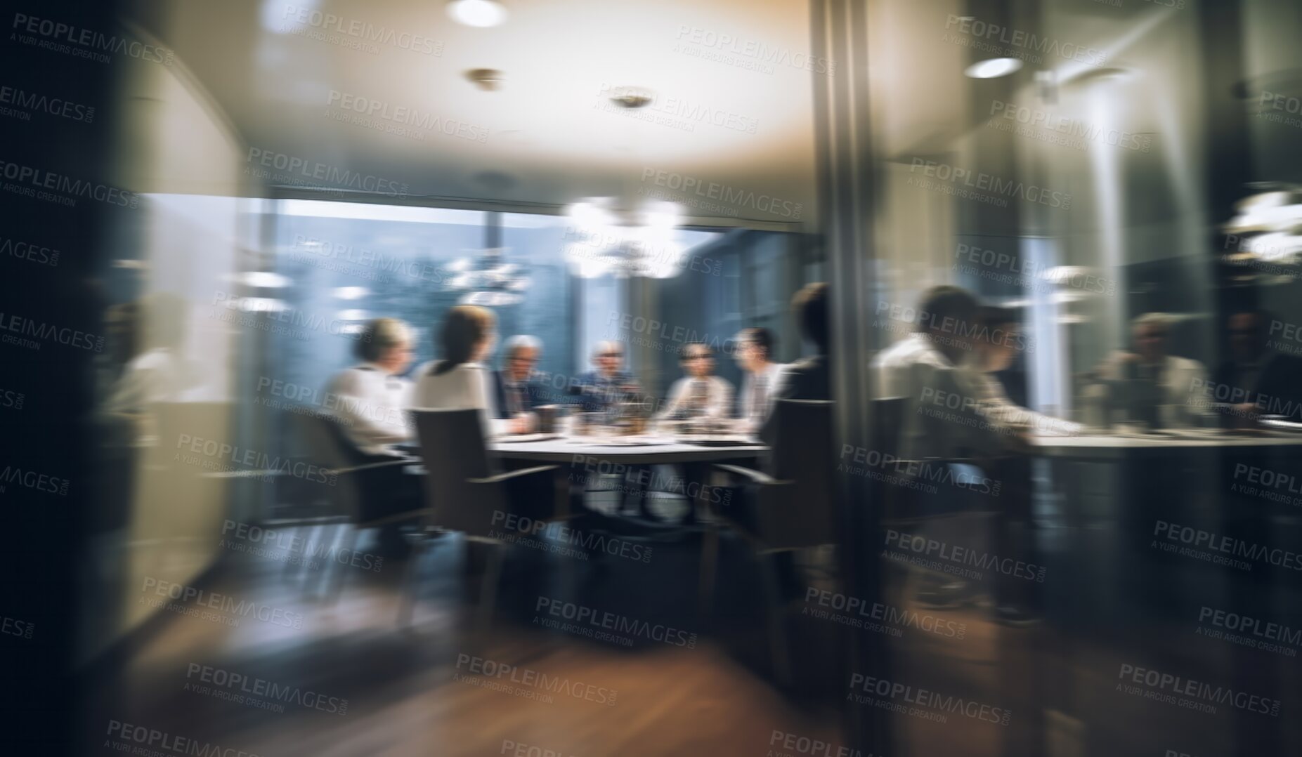 Buy stock photo Blurred, doctors and team meeting in hospital for surgery planning, wellness and future healthcare collaboration. Ai generated, people and medical nurses in boardroom blur for teamwork discussion