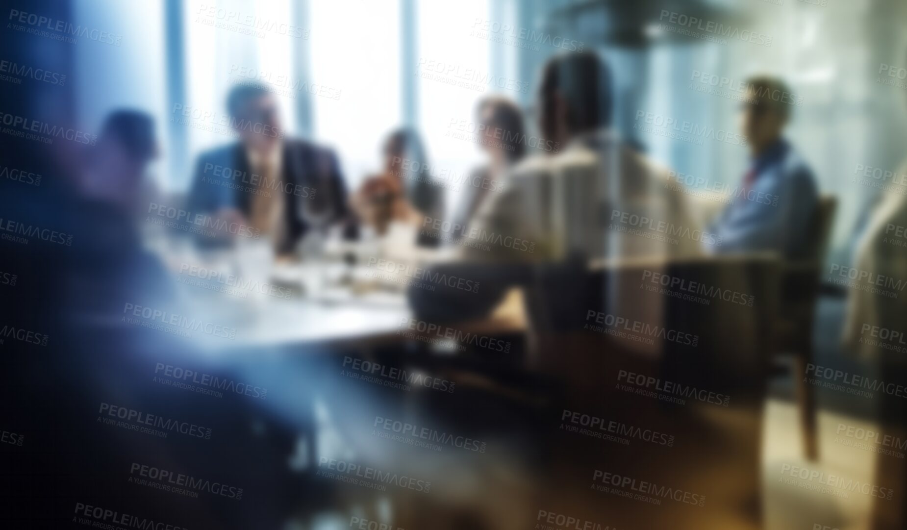 Buy stock photo Blurred, business people and team meeting in hospital for surgery budget planning, wellness and future healthcare insurance. Ai generated, medical and collaboration in clinic boardroom for funding