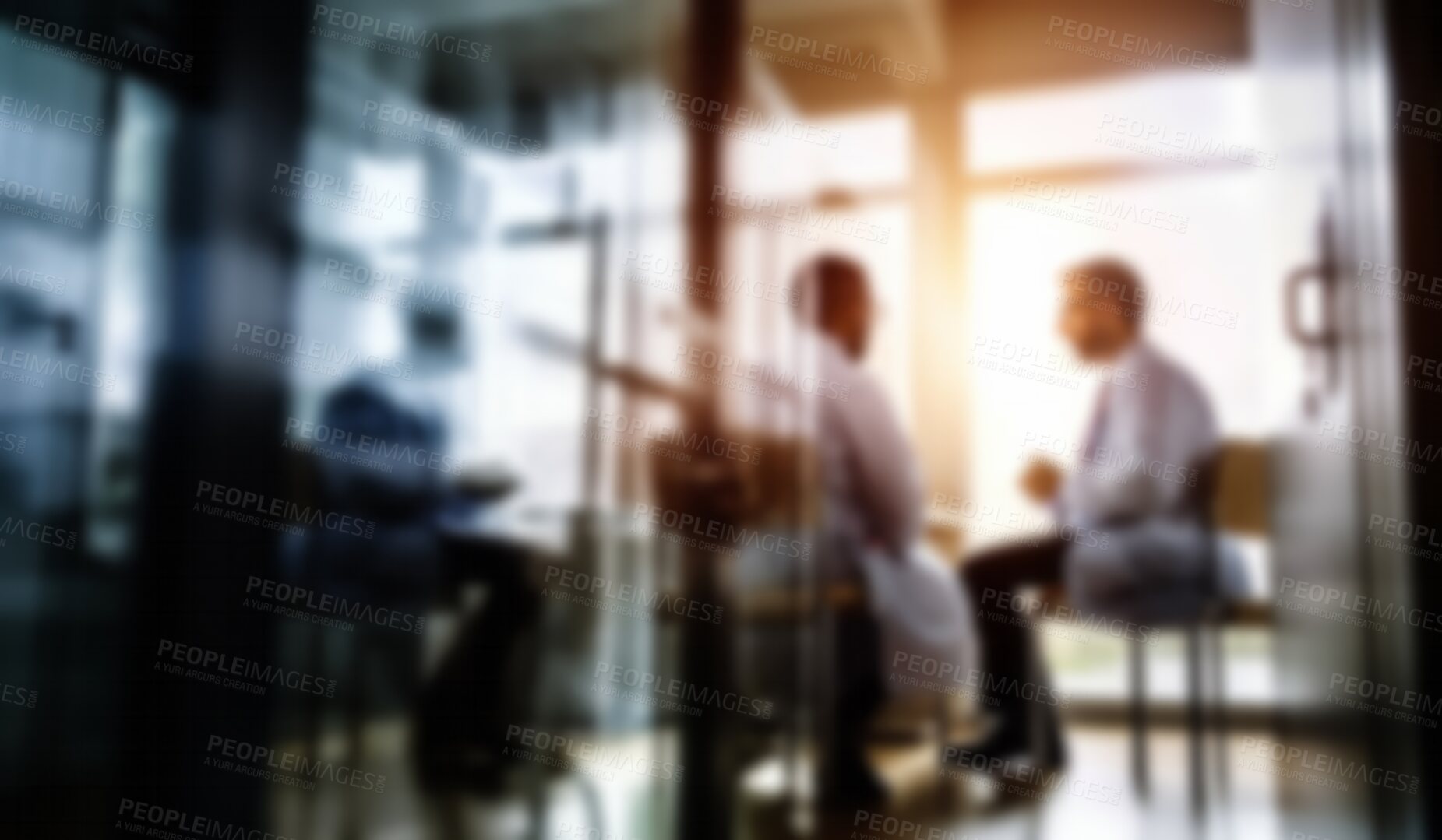 Buy stock photo Blurred, doctors and team meeting in hospital for surgery planning, wellness and future healthcare collaboration. Ai generated, people and medical nurses in boardroom blur for teamwork discussion