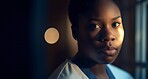 Black woman, nurse and face at night in hospital with trust, confidence or pride while working late in medical clinic. Banner portrait, serious or ai generated healthcare worker on mockup bokeh space