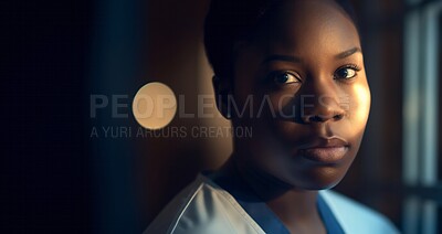 Buy stock photo Black woman, nurse and face at night in hospital with trust, confidence or pride while working late in medical clinic. Banner portrait, serious or ai generated healthcare worker on mockup bokeh space