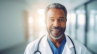 Buy stock photo Black man, doctor and face in hospital with trust, confidence and smile in medical clinic for professional about us. African gp portrait, happy and ai generated healthcare worker on mockup space