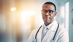 Black man, doctor and face in hospital with trust, confidence and serious in medical clinic for professional about us. African gp portrait, ai generated and mature healthcare worker on mockup space