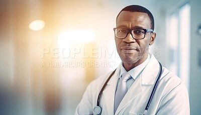 Buy stock photo Black man, doctor and face in hospital with trust, confidence and serious in medical clinic for professional about us. African gp portrait, ai generated and mature healthcare worker on mockup space