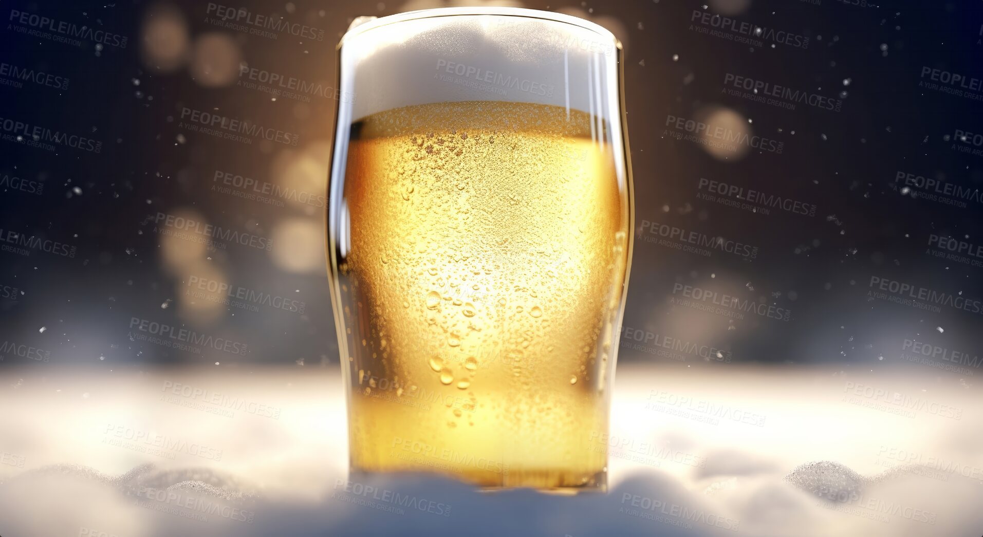 Buy stock photo Closeup, beer and pint glass with foam on night club table, restaurant and party for celebration, new year and late event. Ai generated, alcohol and draught beverage isolated on bokeh mockup space