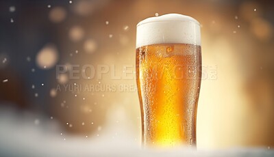 Buy stock photo Closeup, beer and alcohol glass with foam on night club table, restaurant and party for celebration, new year and late event. Ai generated, pint and draught beverage isolated on bokeh mockup space