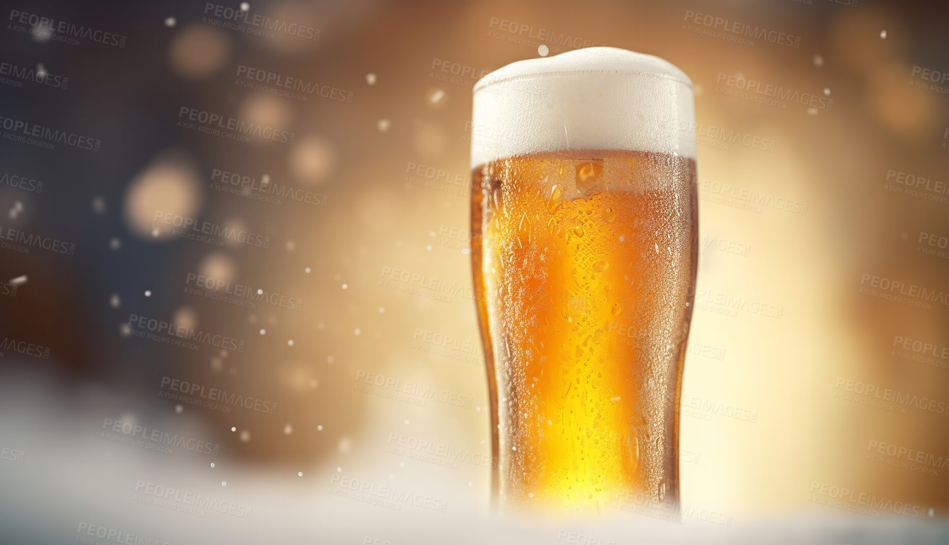 Buy stock photo Closeup, beer and alcohol glass with foam on night club table, restaurant and party for celebration, new year and late event. Ai generated, pint and draught beverage isolated on bokeh mockup space