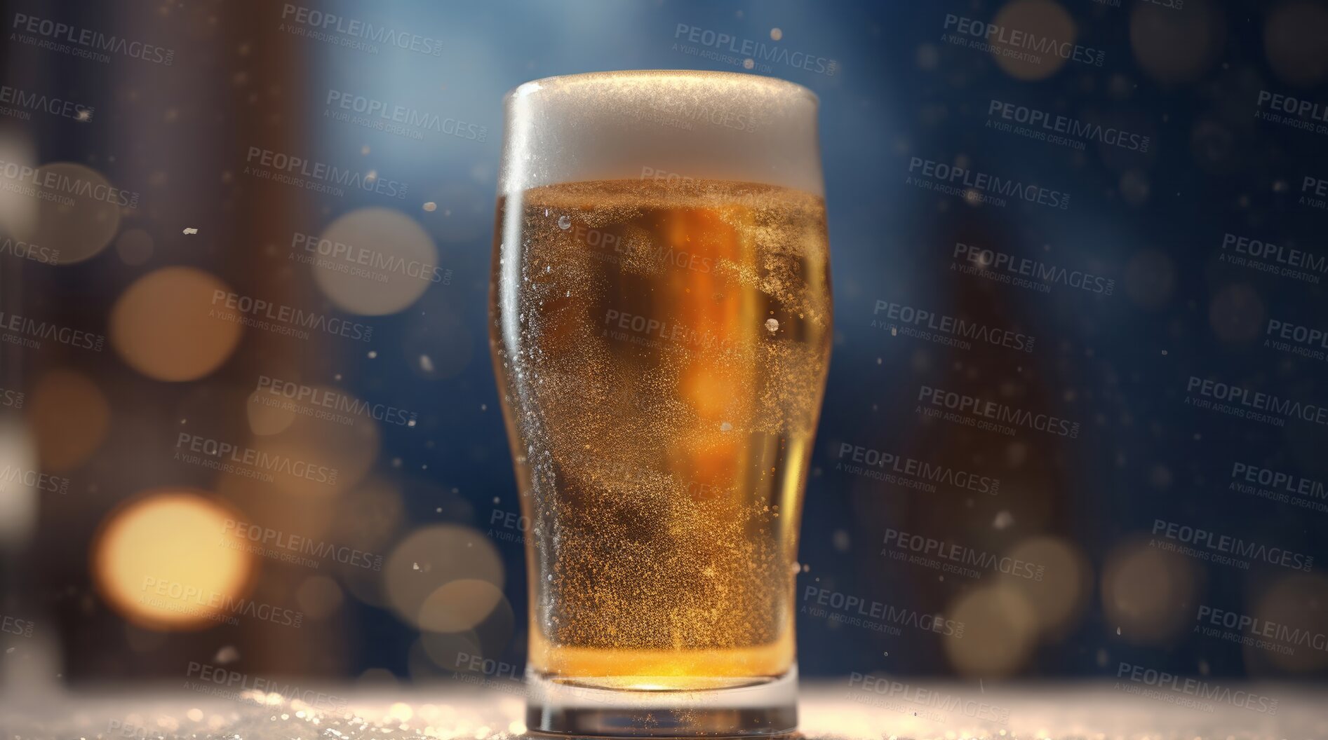 Buy stock photo Closeup, beer and pint glass on bar with foam in night club, restaurant and party for celebration, new year and late event. Ai generated, alcohol and draught beverage isolated on bokeh mockup space